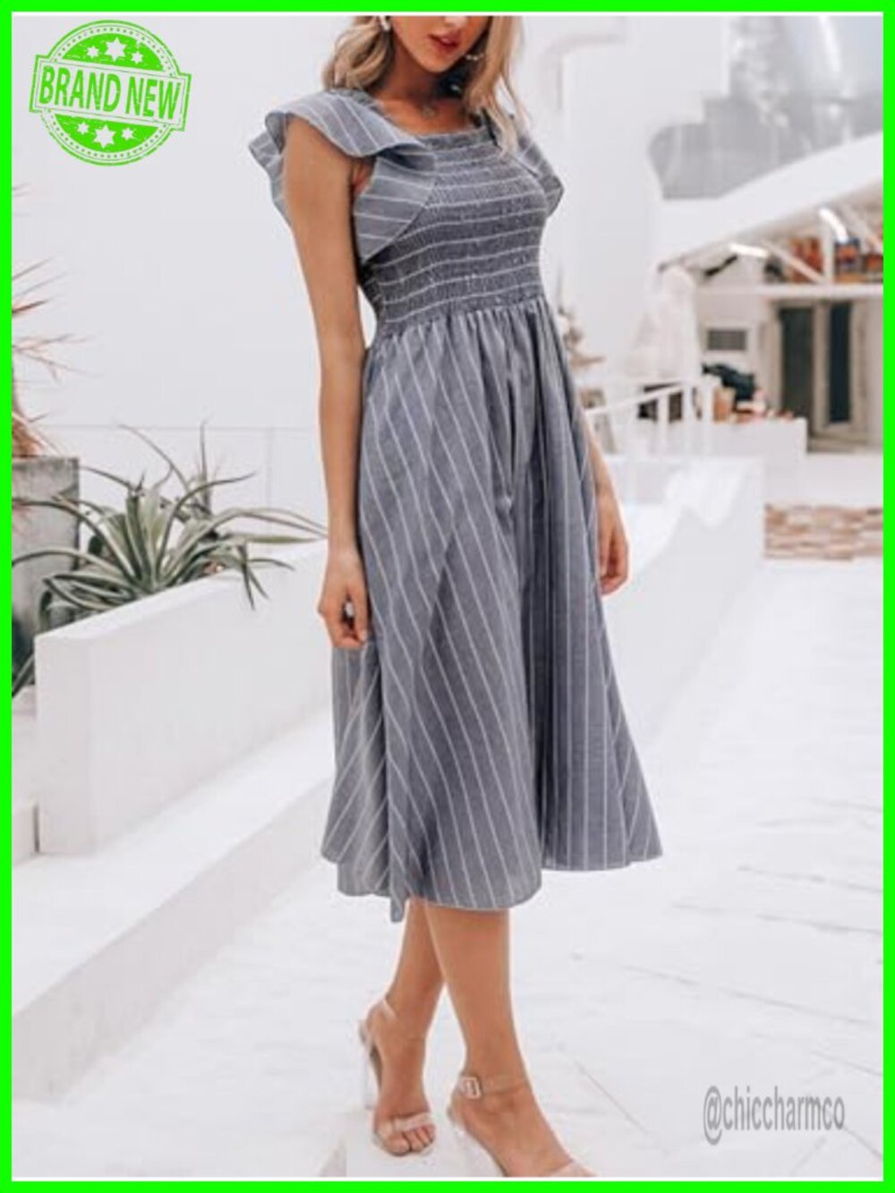 Cotton Linen Midi Dress with Pockets Square Neck Flutter Sleeve Boho - Picture 3 of 7